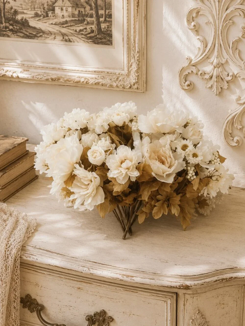 Set of 4 Delicate Cream Peonies Hydrangeas Mixed Flowers Bouquets